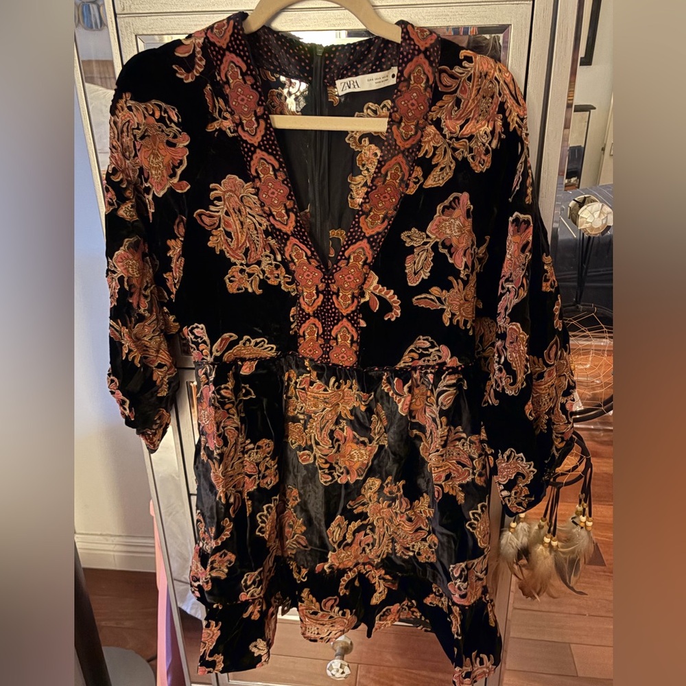 Zara Black Velvet Paisley Dress NWOT